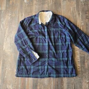 L.L. Bean Navy and Forest Flannel Plaid Fleece-Lined Shirt XL Cabincore